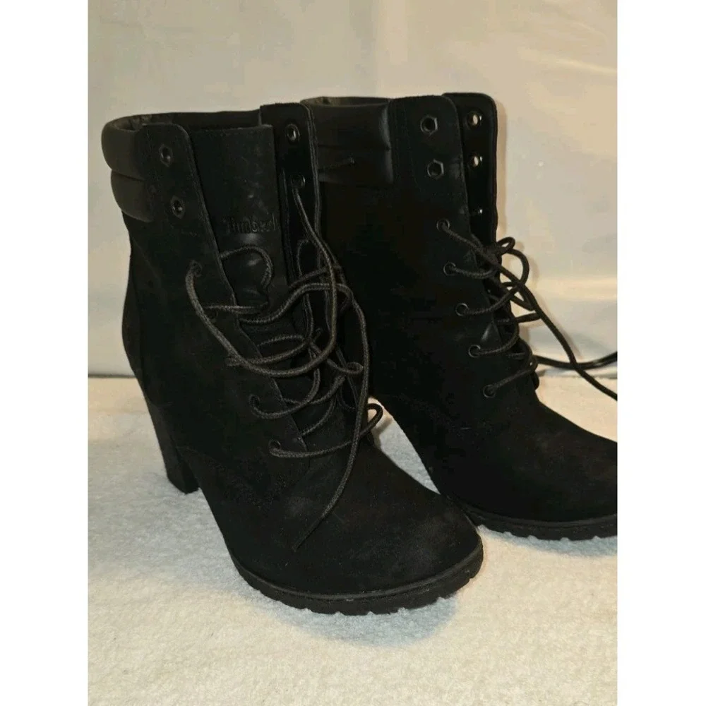 Timberland Women's Tillston High Heel Black Leather Boots Style‎ Sz 8.5